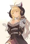  anila_(granblue_fantasy) blonde_hair breasts cleavage closed_eyes draph duoyuanjun eyebrows gloves granblue_fantasy highres horns large_breasts long_hair sheep_horns smile solo thick_eyebrows 