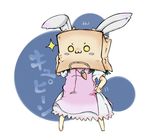  1girl :3 animal_ears bag bag_over_head barefoot blush_stickers bunny_ears carrot_necklace dress hand_on_hip inaba_tewi jewelry o_o osaname_riku paper_bag pink_dress short_hair short_sleeves solo star torn touhou translation_request 