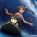  bikini bikini_top_removed black_hair brown_eyes brown_hair dark_skin dated green_eyes grey_hair hamu_koutarou hatsushimo_(kantai_collection) kantai_collection long_hair low-tied_long_hair multiple_girls natori_(kantai_collection) surfboard surfing swimsuit tan topless twintails wardrobe_malfunction waves zuikaku_(kantai_collection) 