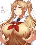  breasts brown_hair cardigan huge_breasts kantai_collection long_hair murasame_(kantai_collection) nervous pov red_eyes school_uniform smile smirk smug solo_focus twintails twitter_username yakitomeito 
