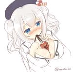  beret between_breasts blue_eyes blush bow breasts buttons eating food hair_between_eyes hands_on_own_chest hat hat_bow highres kantai_collection kashima_(kantai_collection) large_breasts mony nose_blush package pocky short_hair sidelocks simple_background sketch solo twintails twitter_username upper_body watery_eyes white_background white_hair 