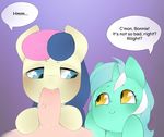  2015 blue_eyes bonbon_(mlp) dialogue duo_focus earth_pony english_text equine eye_contact female feral friendship_is_magic group hair horn horse human long_hair lyra_heartstrings_(mlp) male male/female mammal multicolored_hair my_little_pony oouichi oral pegasus pony sex smile text two_tone_hair unicorn vein wings 