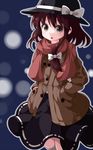  :o bad_id bad_twitter_id bow brown_eyes brown_hair buttons coat hair_bow hand_in_pocket hat highres jacket long_hair nose_shade open_mouth red_scarf ribbon ruu_(tksymkw) scarf short_hair skirt solo touhou usami_renko 