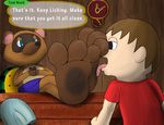  animal_crossing feet foot_fetish lick_foot lick_paw licking lu123 male male/male mammal nintendo open_mouth paw_fetish paws raccoon sitting text tom_nook_(animal_crossing) tongue tongue_out video_games villager 