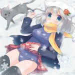  aqua_eyes black_legwear braid breasts cat flower hair_flower hair_ornament hat jacket lying medium_breasts momoniku_(taretare-13) one-piece_swimsuit original scarf school_swimsuit short_hair silver_hair skirt snow snowflakes solo swimsuit swimsuit_under_clothes thighhighs twin_braids 