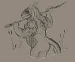  anthro argonian barely_visible_genitalia butt digital_drawing_(artwork) digital_media_(artwork) dreadlocks flaccid holding_weapon hunting male melee_weapon monochrome nude outside partially_submerged penis polearm rohly scalie side_view solo spear standing tattoo the_elder_scrolls video_games weapon 