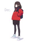  backpack bag black_eyes black_hair coat hand_in_pocket kamo_kamen long_hair long_legs original pantyhose puckered_lips shoes skirt sneakers solo standing white_background 