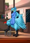  2015 alcohol avian beak beverage bird blue_feathers breadcrumb_azula claws feathers food hi_res hyacinth_macaw inside looking_at_viewer macaw male mysticalpha parrot restaurant solo standing wine wine_bottle wine_glass winged_arms wings 