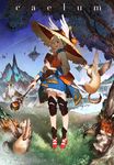  :d animal blonde_hair book bracelet falling_star floating_island flying fur grass hat highres jewelry looking_at_viewer on_shoulder open_mouth original red_eyes short_hair sky smile standing star_(sky) starry_sky suzume_yuu thighhighs tree wand wings 