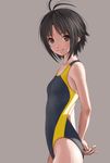  antenna_hair arms_behind_back black_eyes black_hair competition_swimsuit from_side idolmaster idolmaster_(classic) kikuchi_makoto nekopuchi one-piece_swimsuit short_hair simple_background smile solo swimsuit 