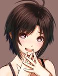  antenna_hair black_hair blush heart heart-shaped_pupils idolmaster idolmaster_(classic) kikuchi_makoto nekopuchi open_mouth short_hair smile solo symbol-shaped_pupils 