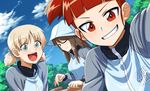  aki_(girls_und_panzer) blonde_hair blue_eyes brown_eyes brown_hair close-up cloud cloudy_sky commentary day dutch_angle face girls_und_panzer grin hair_ribbon hat instrument jacket kantele keizoku_military_uniform looking_at_viewer mika_(girls_und_panzer) mikko_(girls_und_panzer) military military_uniform multiple_girls one_eye_closed outdoors ribbon self_shot short_twintails sitting sky smile track_jacket twintails uniform violin zimu 