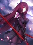  bodysuit breasts cloud cloudy_sky dual_wielding fate/grand_order fate_(series) highres holding large_breasts light_trail long_hair looking_at_viewer minamina polearm purple_bodysuit purple_eyes red_eyes scathach_(fate)_(all) scathach_(fate/grand_order) sky solo spear very_long_hair weapon 
