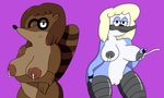  2015 anthro avian big_breasts bird blue_jay breasts brown_fur brown_hair cartoon_network corvid duo erect_nipples feathers female fur hair lactating looking_at_viewer mammal mature_female milk mordecai&#039;s_mom mother mr.under nipples nude parent pussy raccoon regular_show rigby&#039;s_mom simple_background smile wide_hips 