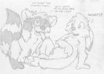  anthro balls barefoot buckteeth crouching cub cute_fangs dialogue duo english_text erection greyscale jake_cottontail lagomorph looking_at_viewer male male/male mammal mitch_(mizzyam) mizzyam monochrome nude pencil_(artwork) penis rabbit raccoon raccoon_penis reclining sheath surprise talking_to_viewer tapering_penis teeth text traditional_media_(artwork) young 