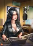  badcompzero black_hair breasts cleavage green_eyes headphones irelia large_breasts league_of_legends microphone mouse recording_studio smile solo 