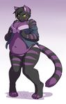  2015 anthro black_fur bra breasts cleavage clothed clothing digital_media_(artwork) feline female fur gradient_background kittydee looking_down mammal multicolored_fur navel open_shirt overweight panties purple_fur purple_stripes shirt simple_background solo standing striped_tail stripes thick_thighs two_tone_fur underwear yellow_eyes 