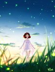  bad_id bad_pixiv_id brown_hair character_request dine&amp;rita dress grass green_eyes highres open_mouth original outdoors short_hair signature sky solo white_dress 
