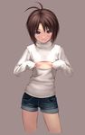  antenna_hair black_hair breasts denim denim_shorts idolmaster idolmaster_(classic) kikuchi_makoto meme_attire nekopuchi open-chest_sweater short_hair short_shorts shorts small_breasts solo sweater underboob underboob_cutout 