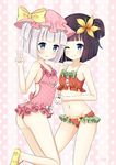  ahoge animal ass bad_id bad_pixiv_id bangs black_hair blue_eyes blunt_bangs blush bow bunny floral_print flower food_print frilled_swimsuit frills hair_flower hair_ornament hand_on_another's_shoulder hat highres holding holding_animal leg_up looking_at_viewer looking_back mob_cap mony multiple_girls one_eye_closed original pink_background pink_swimsuit polka_dot polka_dot_background polka_dot_swimsuit red_bow red_swimsuit short_hair short_twintails slippers smile strawberry_print suri swimsuit twintails v white_bow white_hair yellow_bow yuri_(mony) 