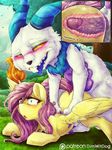  2015 cutaway digital_media_(artwork) dimwitdog duo equine erection feathered_wings feathers female feral fluttershy_(mlp) friendship_is_magic fur grass hair half-closed_eyes hi_res horn interspecies long_hair male male/female mammal monster my_little_pony open_mouth outside patreon pegasus penis pink_hair sex tongue tree vein white_fur wings 