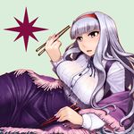  :d bangs blanket blunt_bangs breasts chopsticks dual_wielding hairband highres holding idolmaster idolmaster_(classic) large_breasts long_hair looking_at_viewer lying misonou_hirokichi nail_polish on_side open_mouth purple_eyes purple_nails shijou_takane silver_hair skirt smile solo tongue 