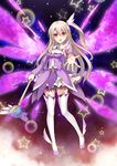  blonde_hair blush energy_wings fate/kaleid_liner_prisma_illya fate_(series) hair_ornament highres illyasviel_von_einzbern long_hair looking_at_viewer magical_girl one_side_up open_mouth prisma_illya_(zwei_form) red_eyes smile solo tears thighhighs wand yongheng_zhi_wu 