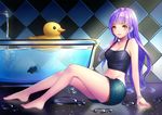  arm_support bare_shoulders barefoot bathtub black_shirt breasts catcan checkered checkered_background claw_foot_bathtub cleavage collarbone indoors long_hair medium_breasts midriff navel original purple_hair shirt short_shorts shorts sitting solo yellow_eyes 