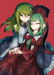  bare_shoulders closed_eyes detached_sleeves green_eyes green_hair hair_ribbon kagiyama_hina kochiya_sanae multiple_girls red_background ribbon thupoppo touhou 