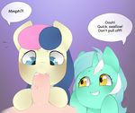  2015 blue_eyes bonbon_(mlp) cum dialogue duo_focus earth_pony english_text equine female feral friendship_is_magic group hair horn horse human long_hair lyra_heartstrings_(mlp) male male/female mammal multicolored_hair my_little_pony oouichi oral pegasus pony sex smile text two_tone_hair unicorn vein wings 