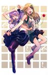  black_legwear blonde_hair blue_eyes boyaking breasts copyright_name dagashi_kashi endou_saya fang hair_ornament hairband hairclip large_breasts long_hair looking_at_viewer multiple_girls open_mouth pantyhose purple_hair shidare_hotaru shirt skirt sleeveless sleeveless_shirt small_breasts smile standing standing_on_one_leg 