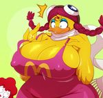 avian big_breasts bird birdie_the_early_bird blue_eyes breasts duck eyewear feathers goggles hair male mcdonald&#039;s red_hair ronald_mcdonald scarf sssonic2 wardrobe_malfunction wide_hips yellow_feathers 