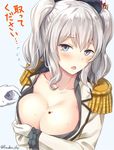  blush breast_lift breasts bug cleavage collarbone gloves grey_eyes hat highres insect kanden_suki kantai_collection kashima_(kantai_collection) ladybug large_breasts long_sleeves military open_clothes open_mouth open_shirt out_of_frame pov pov_hands shirt silver_hair solo_focus sweat tears translated twintails twitter_username white_gloves 