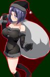  bare_shoulders black_dress black_santa_costume boots breasts collarbone detached_sleeves dress elbow_gloves gloves hat highres kantai_collection kloah large_breasts looking_at_viewer off_shoulder purple_eyes purple_hair sack santa_costume santa_hat short_dress smile solo tatsuta_(kantai_collection) 