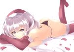  ass bed_sheet breast_press breasts chin_rest crossed_arms elbow_gloves fur gloves grey_eyes hat highres jijii48 kantai_collection kashima_(kantai_collection) lavender_hair lying on_stomach petals santa_hat smile solo thighhighs thong topless white_background 