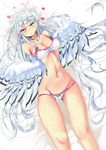 blush breasts choker cleavage feathered_wings feathers harpy haru_(monster_musume) heart highres long_hair lying medium_breasts monster_girl monster_musume_no_iru_nichijou monster_musume_no_iru_nichijou_online navel on_back paundo2 pointy_ears shiny shiny_skin smile solo underwear underwear_only very_long_hair white_hair white_wings wings yellow_eyes 