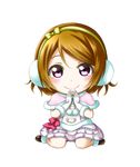  bow brown_hair capelet chibi earmuffs elbow_gloves fur-trimmed_capelet fur-trimmed_gloves fur_trim gloves hands_on_own_chin highres koizumi_hanayo kuena love_live! love_live!_school_idol_project pink_bow pom_pom_(clothes) purple_eyes short_hair simple_background sitting smile snow_halation solo wariza white_background white_gloves 