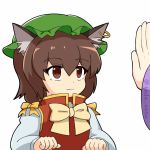  1girl :&gt; :3 :d ^_^ animal_ear_fluff animal_ears arm_up bangs blinking blush bow bowtie brown_eyes brown_hair cat_ears chen closed_eyes earrings eyebrows_visible_through_hair eyes_closed green_hat hair_between_eyes hat jewelry long_sleeves mob_cap open_mouth palms_together red_vest shirt short_hair smile solo_focus tada_no_nasu touhou translation_request upper_body vest white_shirt wide_sleeves yakumo_ran yellow_bow yellow_neckwear 