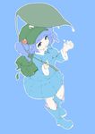  backpack bag between_breasts blue_background blue_hair blush boots breasts dripping flanvia full_body hair_bobbles hair_ornament hat highres kawashiro_nitori key leaf_umbrella long_sleeves medium_breasts open_mouth pocket rubber_boots short_hair simple_background skirt skirt_set smile solo touhou twintails two_side_up water_drop 