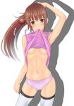  armpits breasts brown_eyes brown_hair cameltoe cowboy_shot hair_ornament long_hair looking_at_viewer medium_breasts muffin_(sirumeria) navel no_pants original panties ponytail purple_panties purple_shirt shirt shirt_in_mouth shirt_lift simple_background solo thighhighs underboob underwear white_background white_legwear 