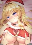  bed_sheet blonde_hair blue_eyes blush breast_grab breasts covered_nipples cross cross_necklace cum delores_(mvv) facial grabbing hair_intakes hat heart jewelry large_breasts long_hair looking_away mvv necklace nipples original paizuri paizuri_under_clothes parted_lips penis santa_hat solo_focus sweat teardrop tears 