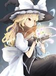  adapted_costume blonde_hair blush candy casting_spell fingerless_gloves food gloves hat highres kirisame_marisa konpeitou long_hair smile solo star touhou witch_hat yawl yellow_eyes 