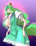  breasts cleavage danna_(karatekikku) dress ex-keine green_eyes green_hair horn_ribbon horns huge_breasts kamishirasawa_keine long_hair open_clothes open_dress ribbon solo tail touhou 