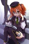  adjusting_eyewear atlas_academy_uniform bad_id bad_twitter_id book fate/grand_order fate_(series) fujimaru_ritsuka_(female) glasses hat looking_at_viewer necktie shirako_miso sitting smile solo_focus stairs thighhighs thighs zettai_ryouiki 