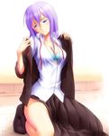  blue_bra blue_eyes bonnie_(rsg) bra breasts cardfight!!_vanguard cleavage eyebrows eyebrows_visible_through_hair hair_between_eyes kneeling long_hair long_skirt looking_away medium_breasts open_clothes open_shirt pleated_skirt purple_hair red_ribbon ribbon shirt skirt solo tokura_misaki underwear white_shirt 