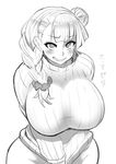  bad_id bad_twitter_id blush bottomless braid breasts clothes_tug earrings galko greyscale grin groin hair_bun huge_breasts jewelry long_hair looking_at_viewer monochrome naked_sweater no_panties nuezou oshiete!_galko-chan ribbed_sweater scrunchie smile solo sweatdrop sweater sweater_tug teeth turtleneck 
