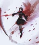  arieaesu brown_hair cape commentary english_commentary highres pantyhose petals rose_petals ruby_rose rwby scythe short_hair solo 
