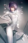  absurdres arched_back bangs blurry bodysuit breasts cable closed_mouth covered_navel ghost_in_the_shell gloves highres hitowa kusanagi_motoko lips looking_at_viewer medium_breasts purple_hair ribs riding short_hair smile solo 