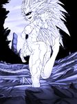  alien ass black_sclera blue breasts cyclops genderswap genderswap_(mtf) highres large_breasts long_hair lord_boros monochrome navel no_nipples nude one-eyed one-punch_man solo spiked_hair standing standing_on_one_leg the_golden_smurf very_long_hair 