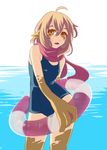  1girl ahoge alternate_costume animal_ears blonde_hair fang lifebuoy liza_(monster_musume) lizard_girl looking_at_viewer monster_girl monster_musume_no_iru_nichijou monster_musume_no_iru_nichijou_online ocean one-piece_swimsuit open_mouth orange_eyes pointy_ears red_scarf scarf school_swimsuit shiny simple_background solo standing swimsuit transparent water yellow_eyes 